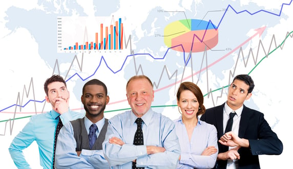 Multicultural group business people with folded hands, team leader concept finance graph chart diagram, world map background. Happy smiling corporate employees. Busy office lifestyle company executive-1